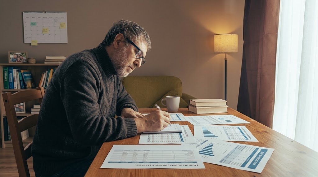 Person sitting at a table thoughtfully reviewing personal finances, representing self-reflection on money habits