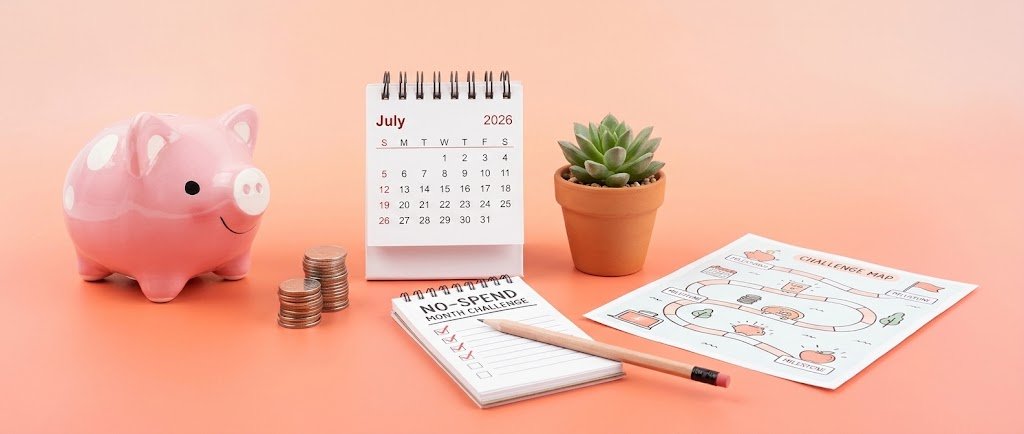 Piggy bank beside a 30-day calendar for a no-spend month challenge