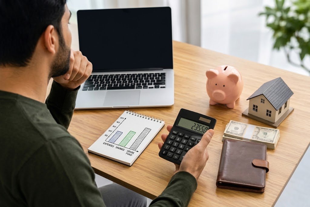 Person using a calculator and budget notes to figure out how much personal loan they can afford