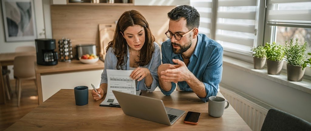 Couple calmly reviewing their budget at a kitchen table to talk about money without fighting
