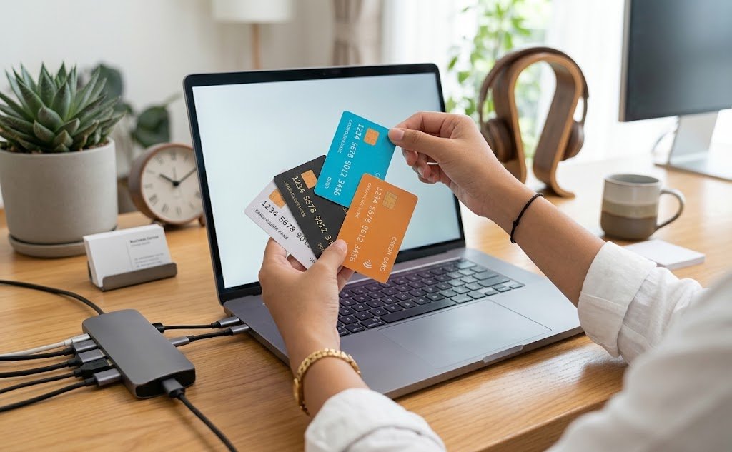 Person comparing multiple credit card offers on a laptop, illustrating the risks of credit card churning