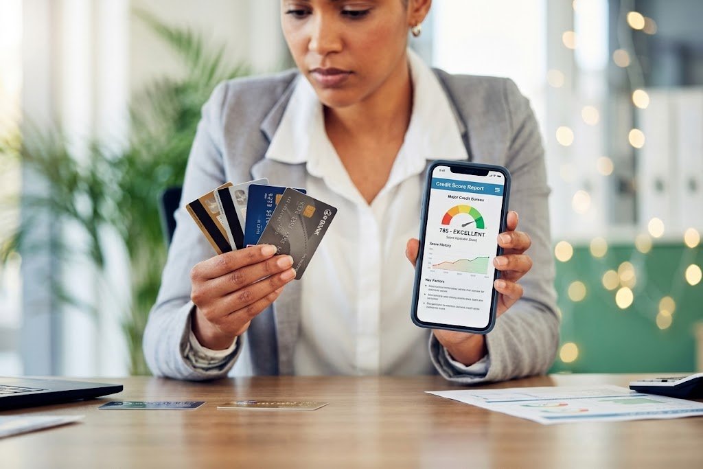 Person comparing one card vs multiple cards while checking their credit score on a smartphone
