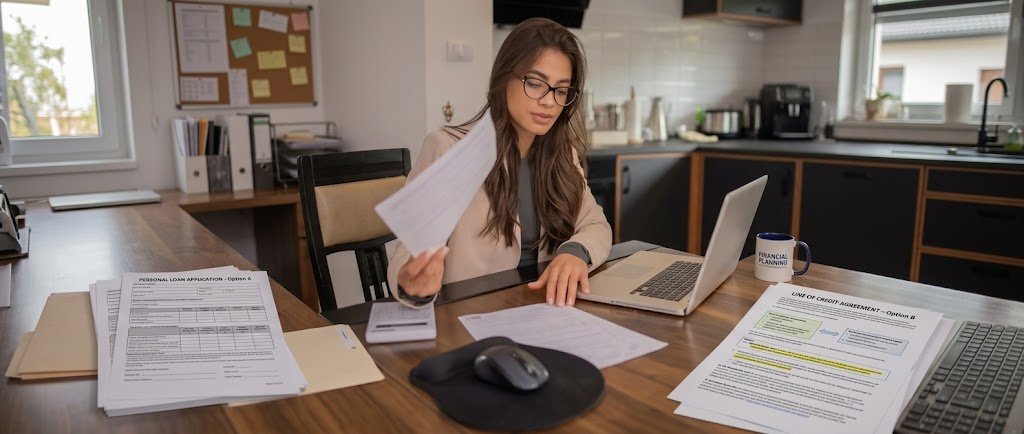 Person reviewing loan paperwork and a credit line statement side by side at a desk