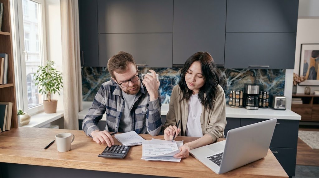 Couple at a kitchen table reviewing a debt free journey plan with a calculator and paperwork