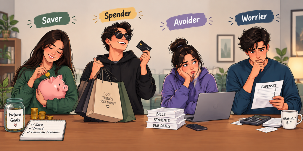 Image Search Query: four different money personality types illustration saver spender avoider worrier Image Alt Text: Illustration representing four money personality types — Saver, Spender, Avoider, and Worrier