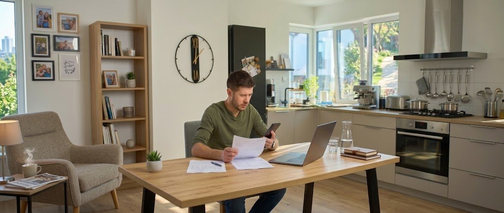 Person checking their credit score on a smartphone while reviewing paperwork at a desk