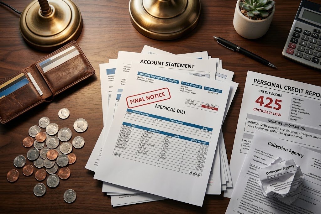 Hospital medical bill, insurance explanation of benefits, and credit report on a desk
