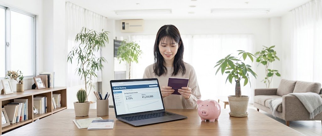 Person reviewing savings account balance and interest rate on a laptop next to a small piggy bank on a desk