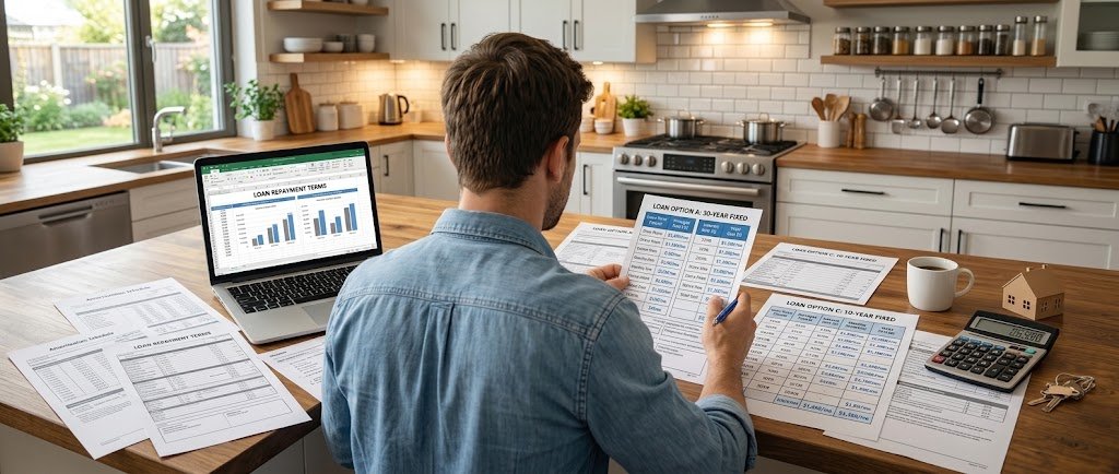 Person calculating loan payments while comparing paperwork for different loan term lengths