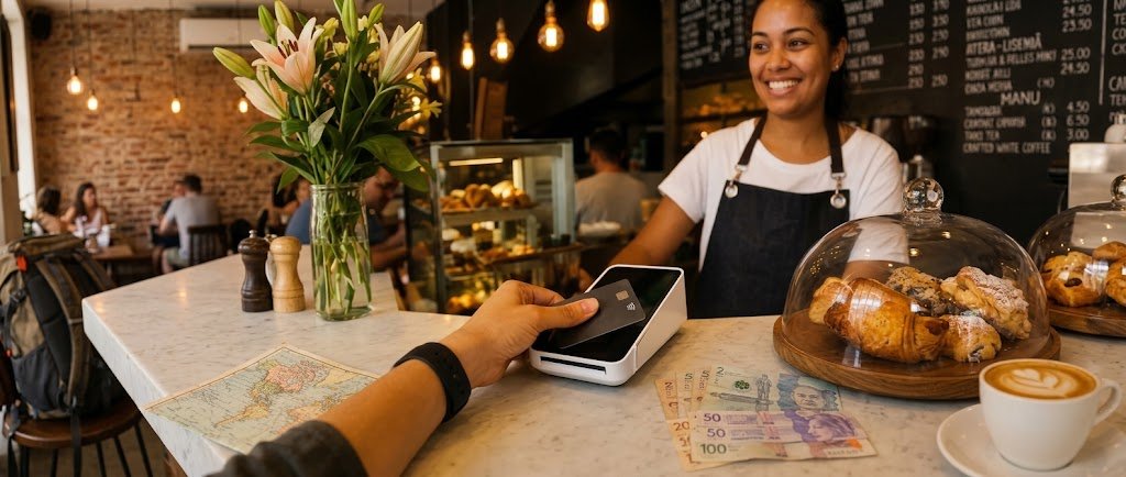 Traveler paying with a credit card abroad to avoid foreign transaction fees