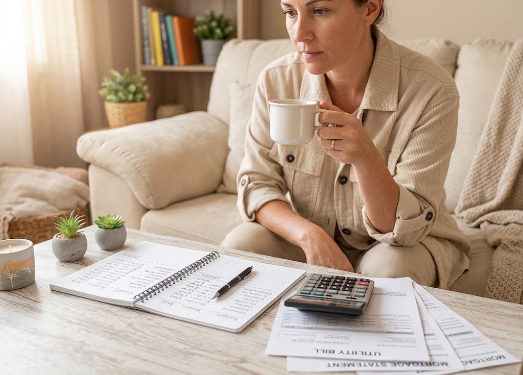 Person holding a coffee cup next to a notebook with budget calculations, representing the latte factor spending debate