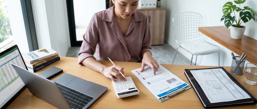 Pay stub and calculator on a desk illustrating gross vs net pay