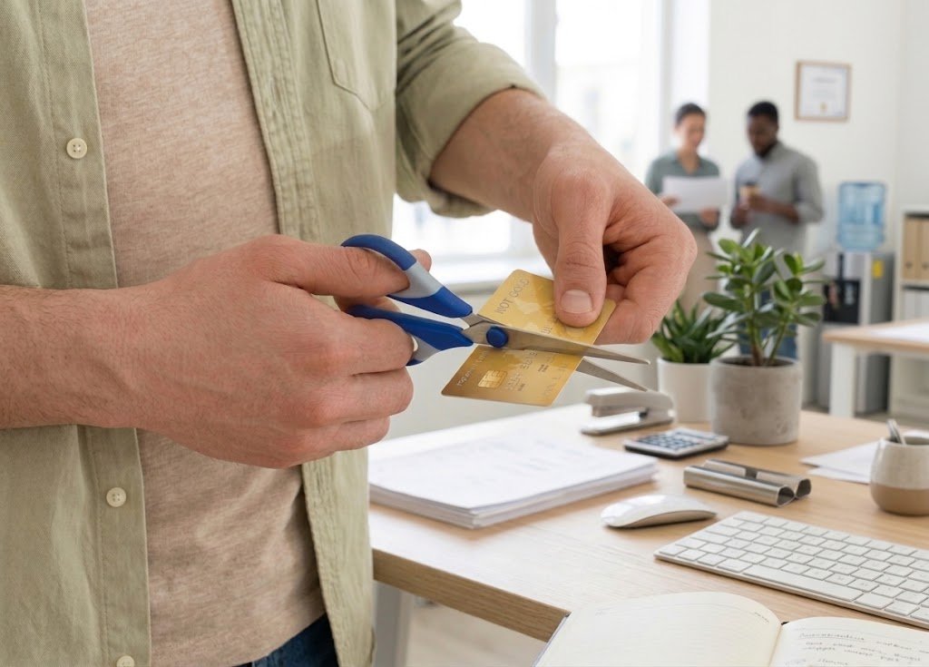 Person considering closing a credit card by cutting it up, weighing the effect on their credit score