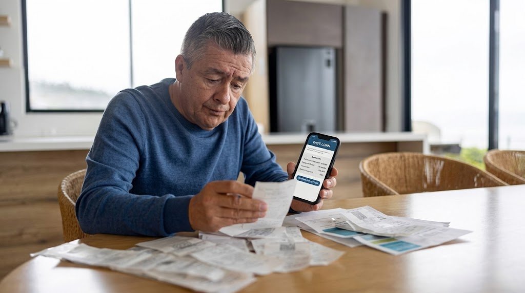 Person reviewing instant loan apps on a smartphone while comparing fees and repayment dates
