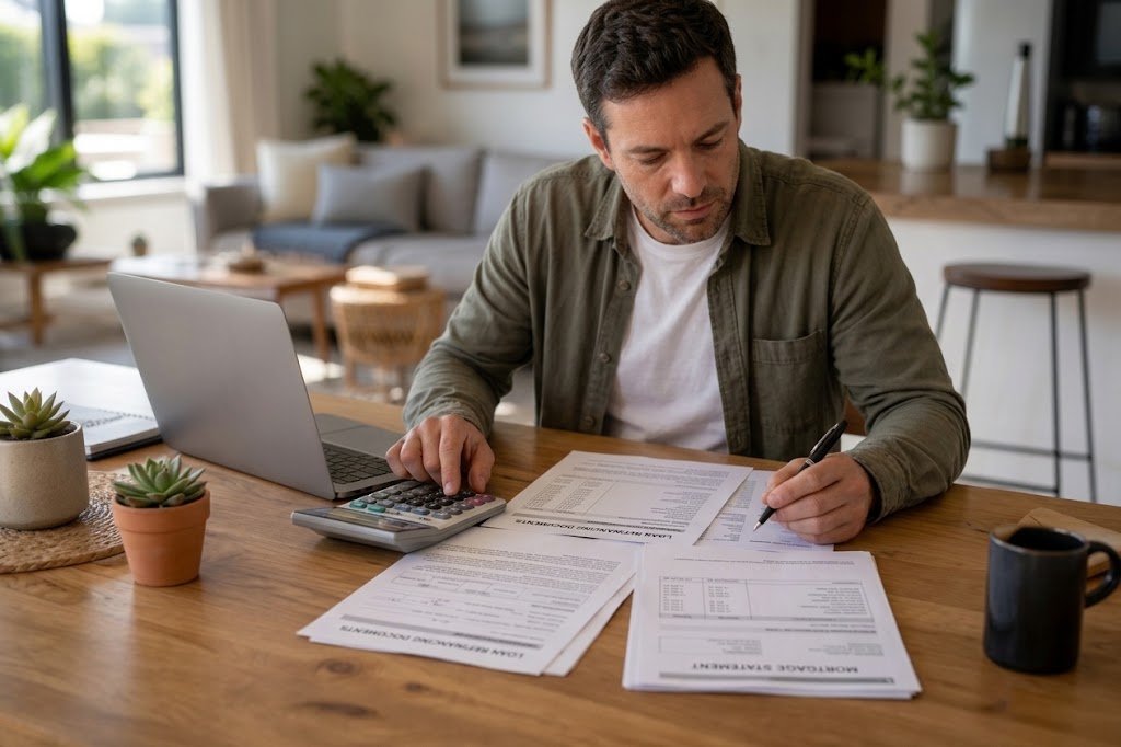 Person reviewing loan refinancing paperwork and calculating potential savings at a desk
