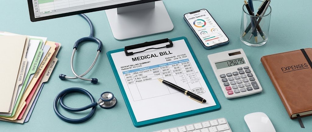 Stethoscope, calculator, and medical bills on a desk illustrating HSA vs FSA savings