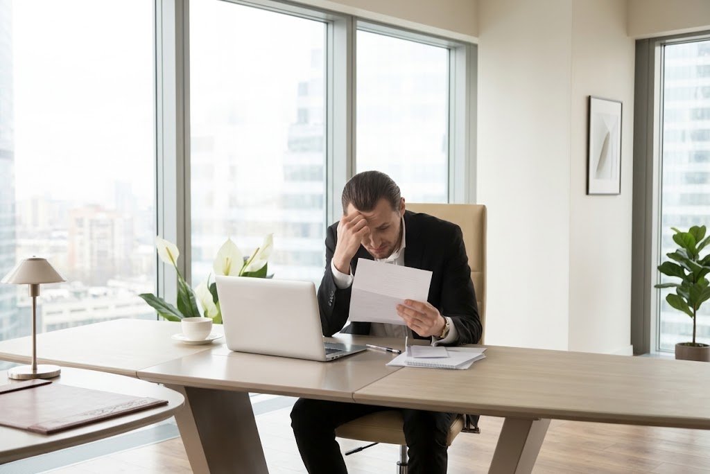 Person reviewing a personal loan default notice alongside financial paperwork and a calculator