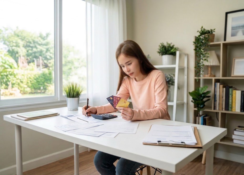 Person reviewing a secured credit card statement at a desk, representing credit rebuilding through responsible card use