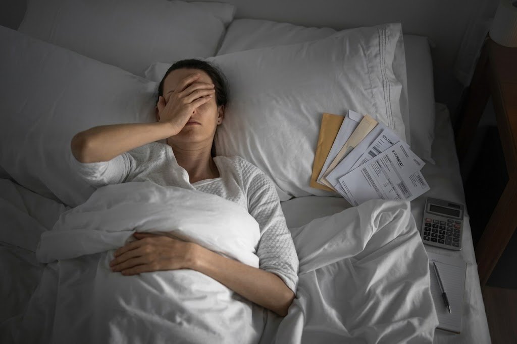Person unable to sleep at night due to financial stress and money worries