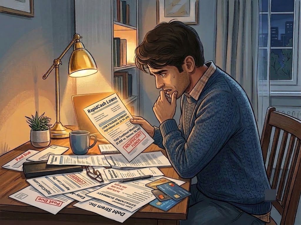 Person reviewing multiple loan offers on a desk, illustrating the risks of loan stacking