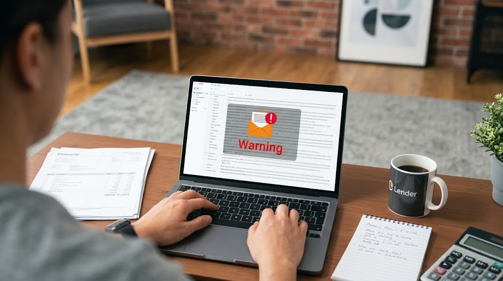 Person carefully reviewing a loan offer on a laptop to avoid personal loan scams