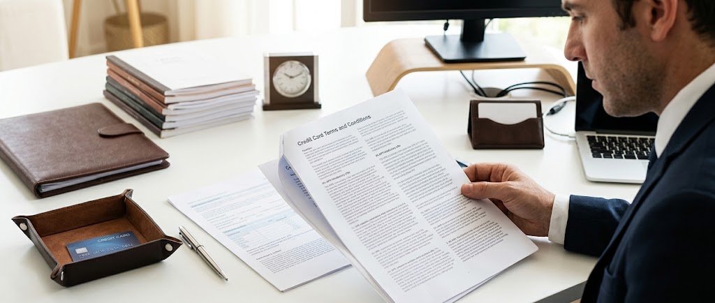 Person using a magnifying glass to read the fine print on a 0% APR credit card offer