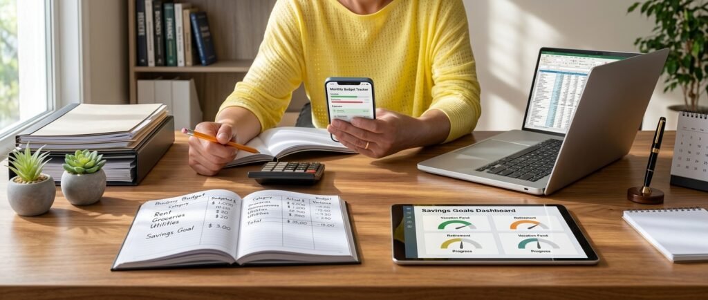 Person reviewing a monthly budget and savings plan to build wealth in 2026