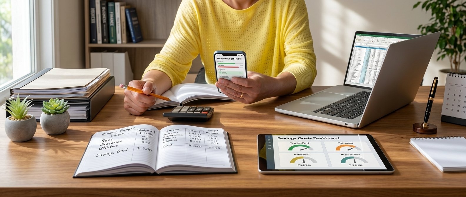 Person reviewing a monthly budget and savings plan to build wealth in 2026