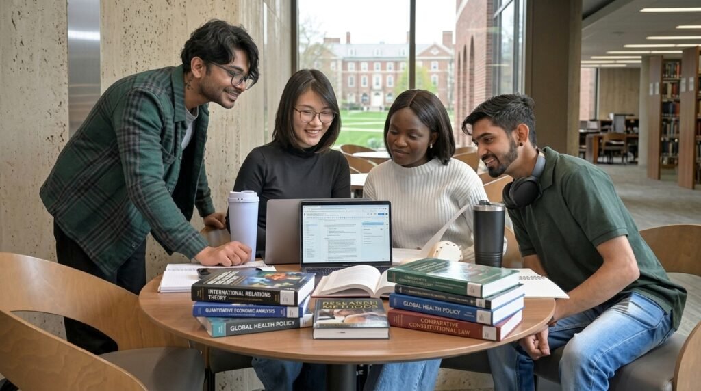 International student studying on a US university campus while researching fully funded scholarships