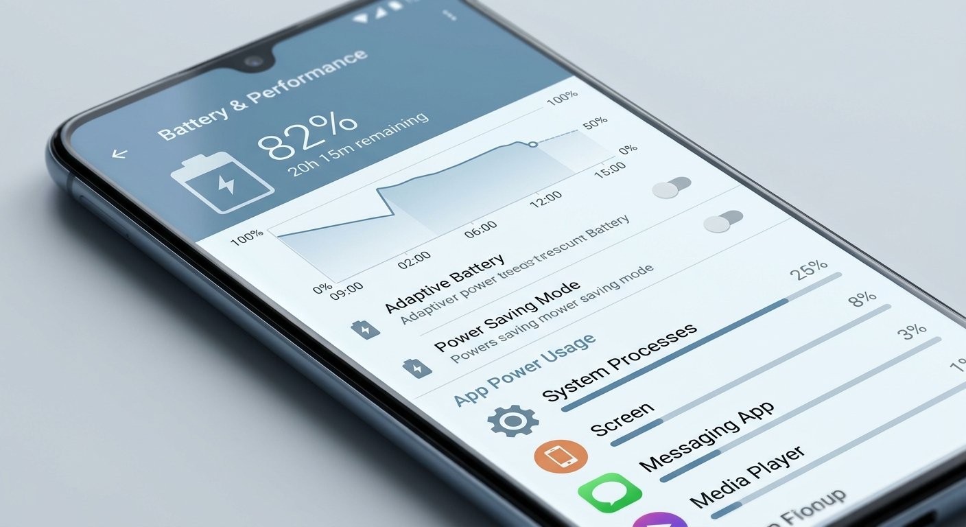 Smartphone displaying battery and performance settings menu for improving battery life and speed