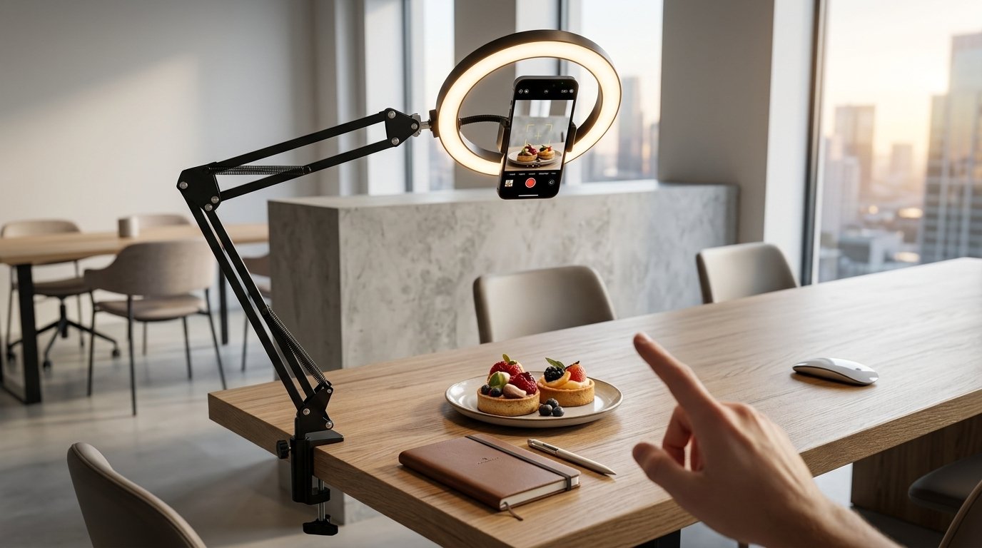 Creator recording a faceless TikTok video with a phone on a tripod over a desk setup