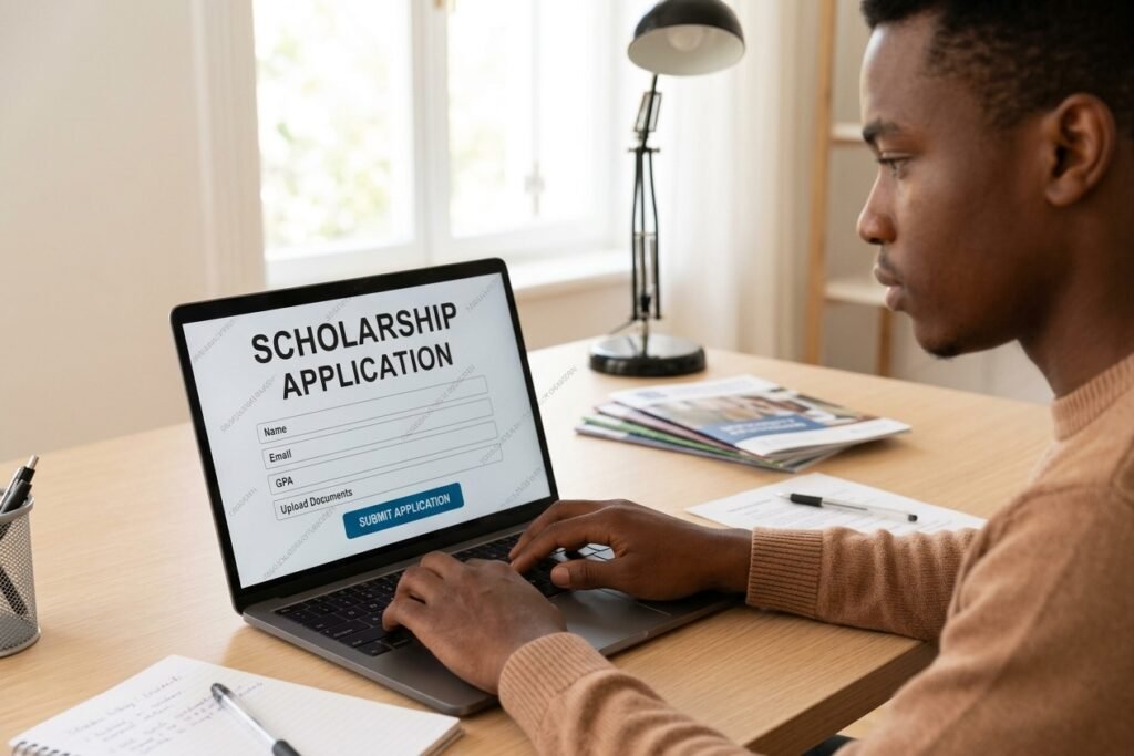 Student applying for easy scholarships online on a laptop at a desk