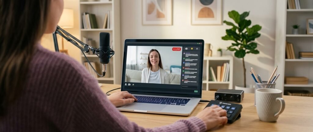 Content creator live streaming on YouTube using a laptop and webcam setup