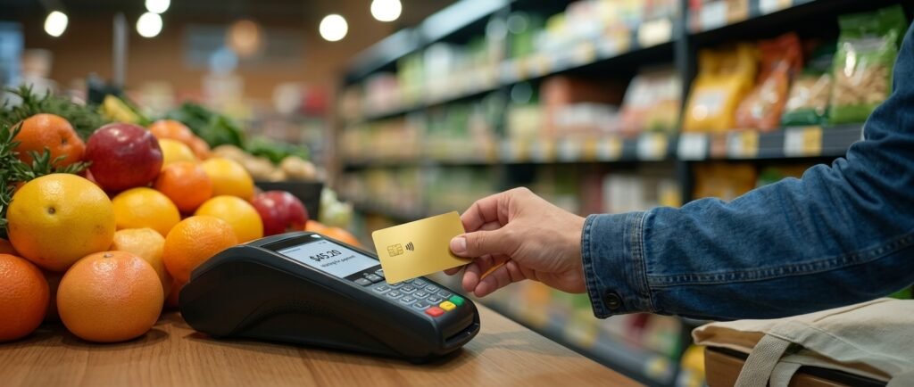 Shopper using a cash back credit card for everyday grocery spending