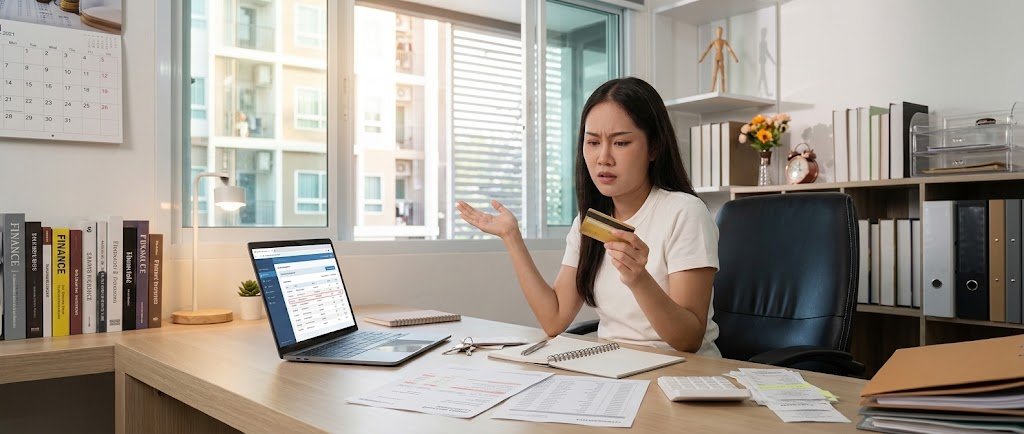 Person reviewing a credit card statement at a desk with a laptop and pen to check for billing errors