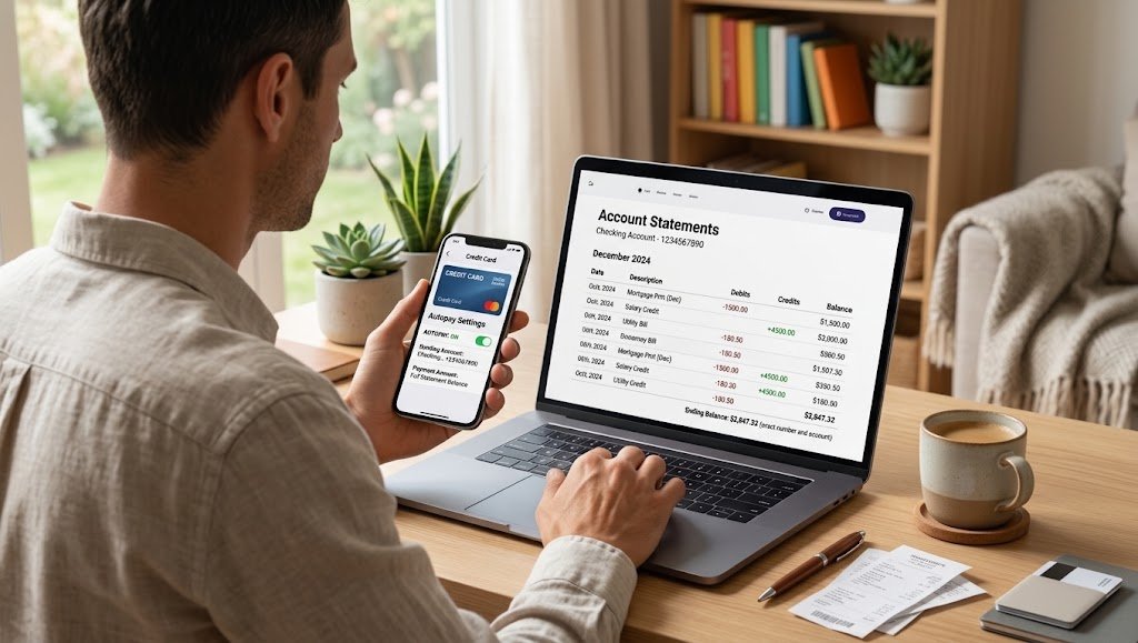 Person reviewing credit card autopay settings on a phone next to a laptop, representing careful credit management