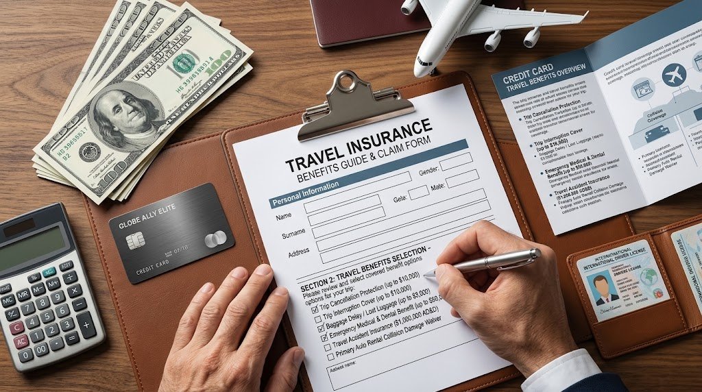 traveler holding credit card at airport with suitcase, symbolizing credit card perks like travel insurance and purchase protection