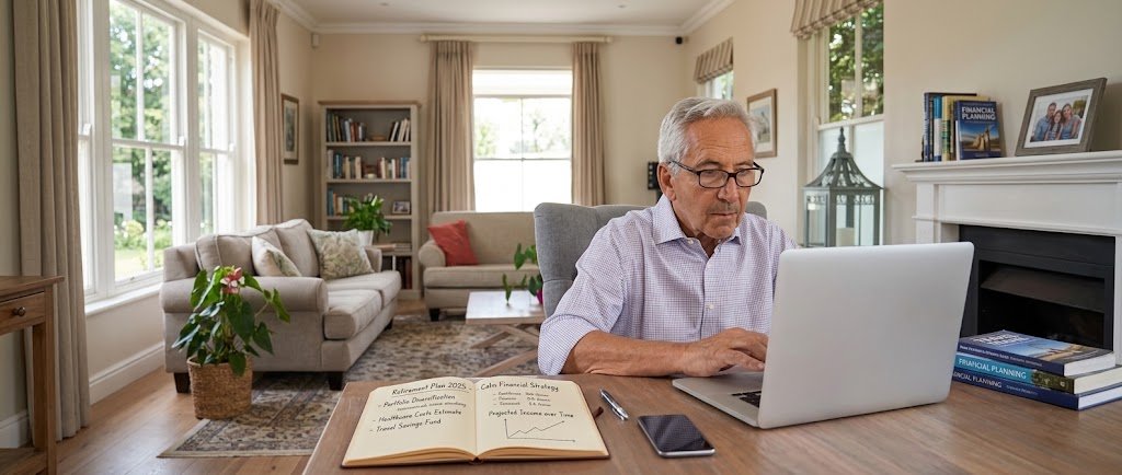 Person reviewing a Coast FIRE retirement plan on a laptop with a notebook and coffee