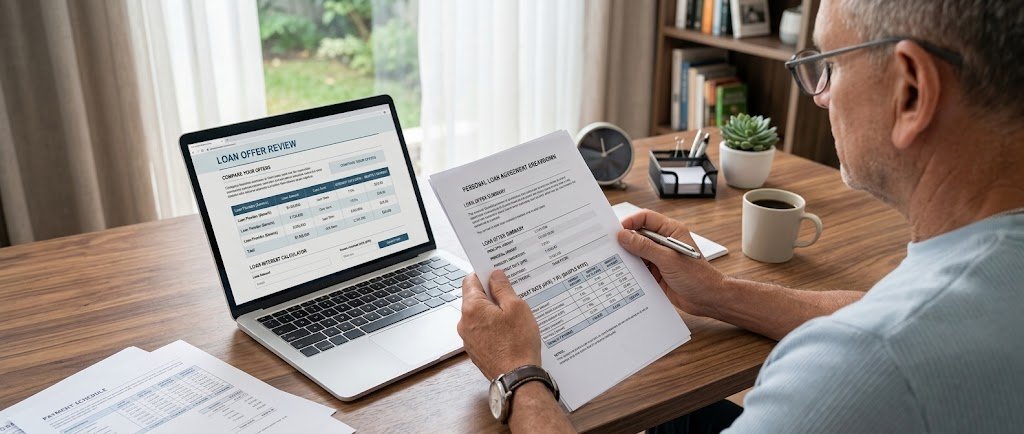 Person comparing personal loan interest rates from different lenders on a laptop