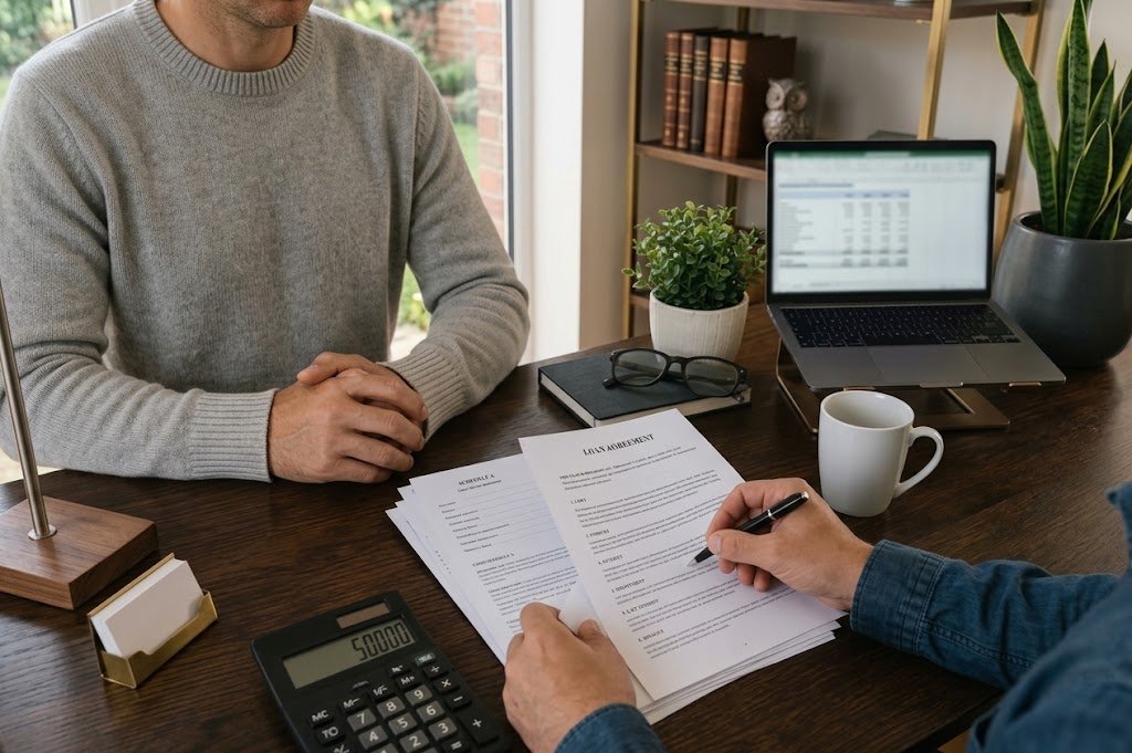 Person co-signing a loan document alongside a family member at a table