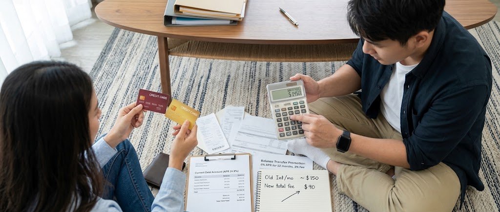 Person calculating balance transfer fees and interest savings on a credit card statement
