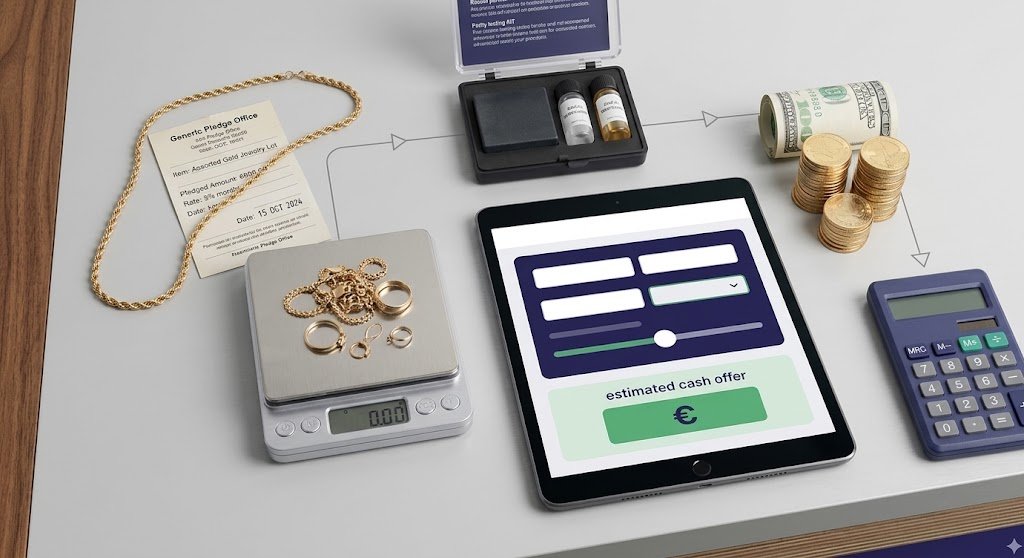 Gold jewelry and a pawn ticket on a table, illustrating how a gold loan uses jewelry as collateral