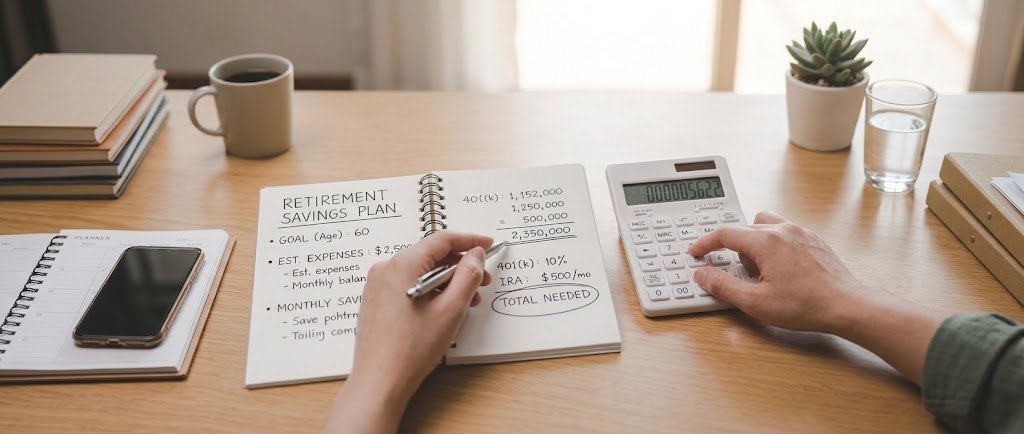 Calculator and notebook used to work out a financial independence number for retirement