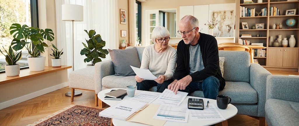 Couple reviewing retirement savings by age benchmarks with a calculator and notebook at a table