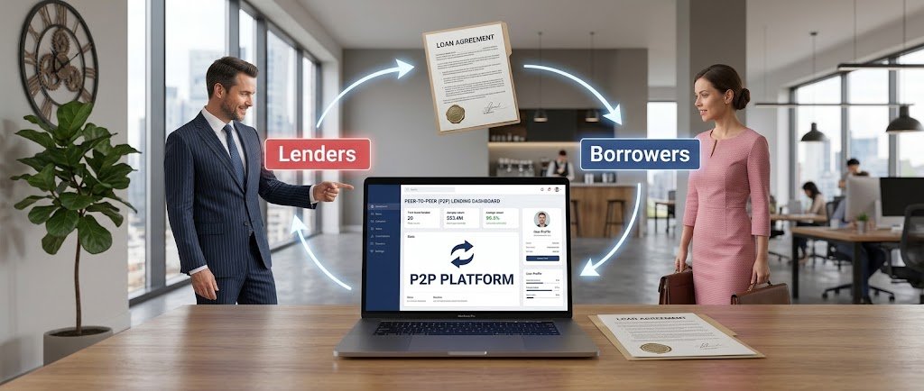 laptop showing peer-to-peer lending platform connecting individual borrowers and investors