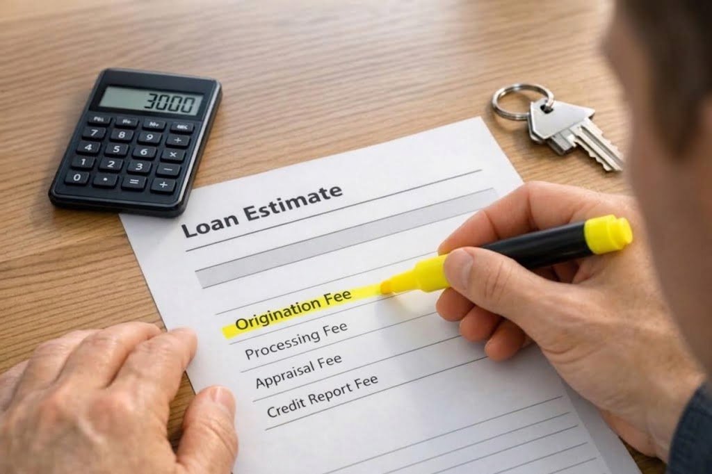 Person reviewing loan documents to find the loan origination fees before signing