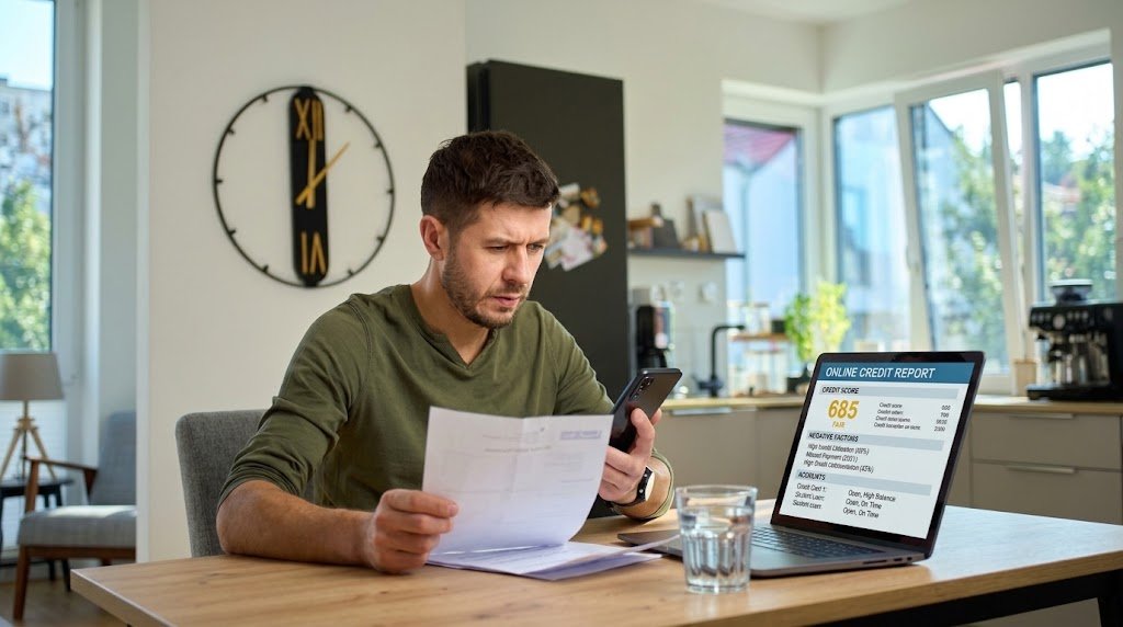 Person comparing a hard vs soft inquiry on a credit report