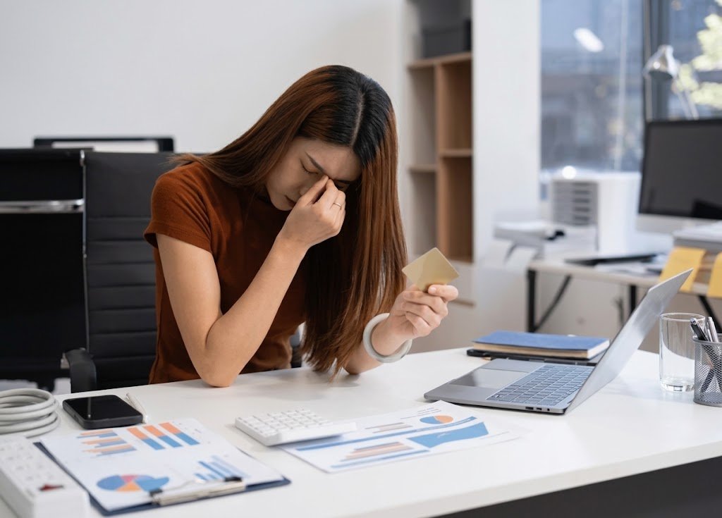 Person reviewing a missed credit card payment notice next to a calendar showing the due date