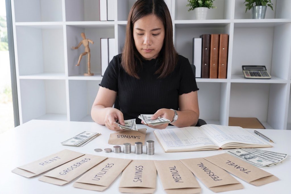 Labeled cash envelopes for groceries, dining, and entertainment used in the envelope budgeting method