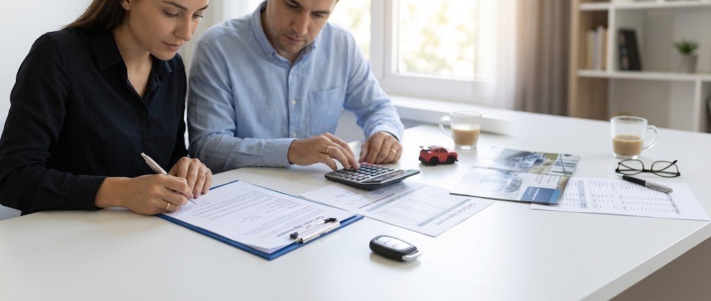 Couple comparing an auto loan vs personal loan offer on paper before buying a car
